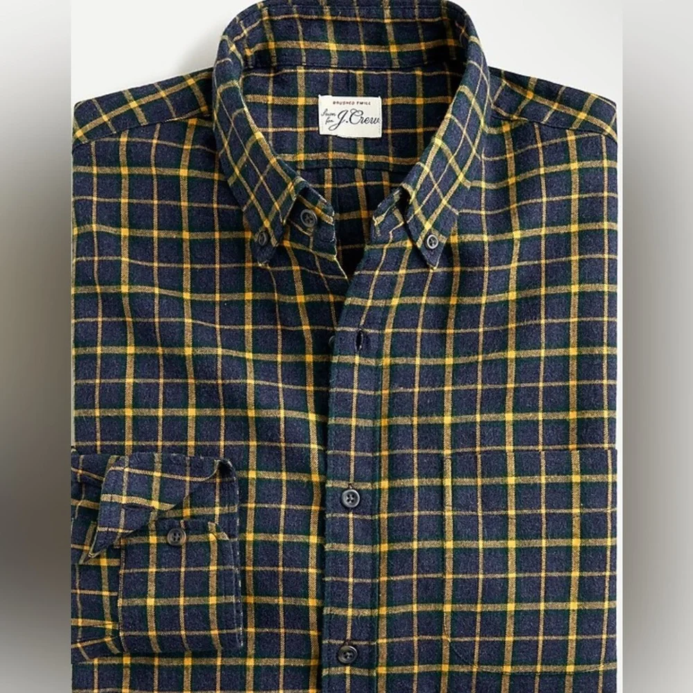 J.Crew Slim Fit Brushed Twill Flannel Shirt Plaid Navy Yellow Men’s Medium